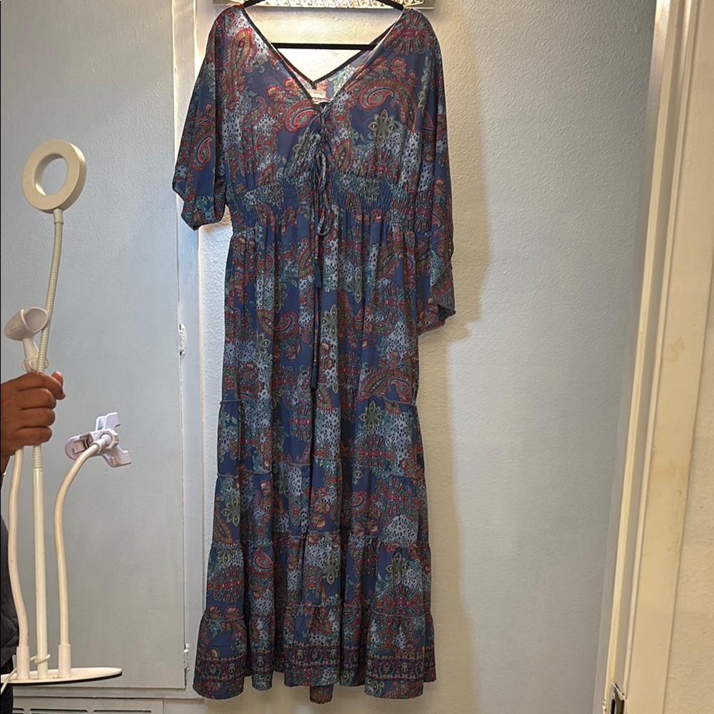 Blue and Gray Ruched V-Neck Dolman Sleeve Maxi Dress